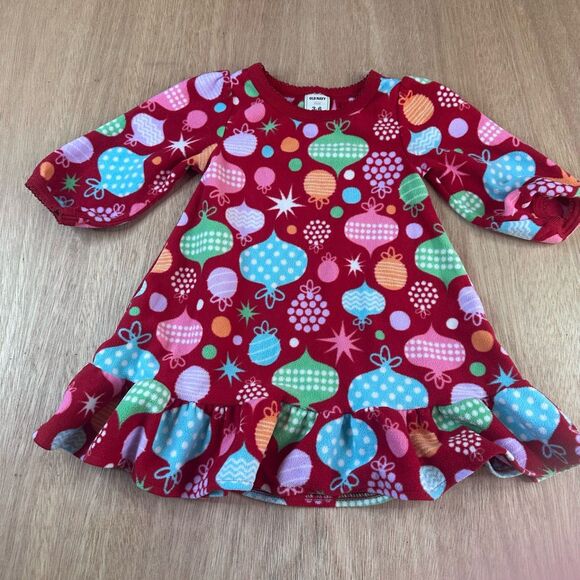 Old Navy Baby Girl Christmas Fleece Dress 3-6M Red Ornament Print Ruffle Hem - Picture 1 of 3